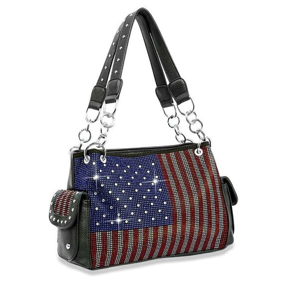 American Flag Red White Blue Rhinestone Bling Black Hobo Patriotic Handbag Bag - Picture 2 of 4